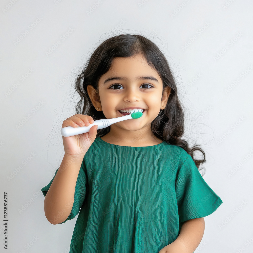 Indian model girl, Black hair, green top, Holding an electric toothbrush in her left hand, she is smiling and looking at the electric toothbrush Indian model girl, Black hair, green top, Holding an electric toothbrush in her left hand, she is smiling and looking at the electric toothbrush