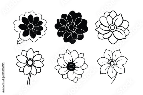 Anemone (Anemone spp.) line art vector illustration