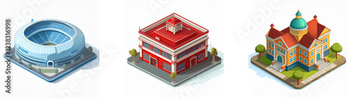 Isometric illustrations showcase a stadium, a red building, and a domed structure, representing diverse urban architecture. photo