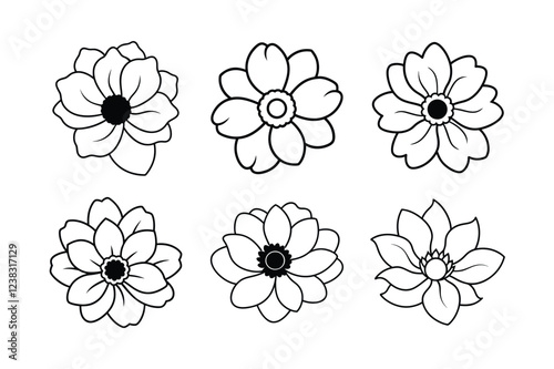 Anemone (Anemone spp.) line art vector illustration