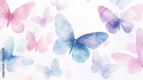 35.A whimsical watercolor illustration featuring a variety of flying butterflies in shades of pastel pink, lavender, blue, and mint. The butterfliesâ€™ wings are painted in intricate detail, with a