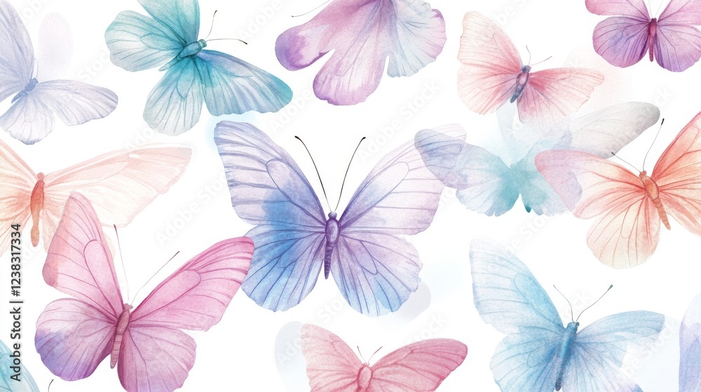 Fototapeta premium 35.A whimsical watercolor illustration featuring a variety of flying butterflies in shades of pastel pink, lavender, blue, and mint. The butterfliesâ€™ wings are painted in intricate detail, with a