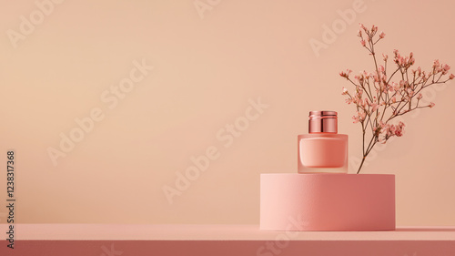 Showcasing Elegant Perfume Bottle Mockup, Minimalist Studio Setting Product Photography Soft Pink Aesthetic Close-Up View Beauty Concept