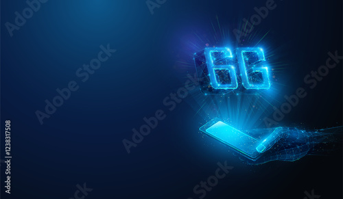 Lowpoly 6G Wireless Mobile Network Smartphone in Hand. Abstract geometric illustration depicting sixth generation communication hardware technology concept by wireframe mesh on blue background