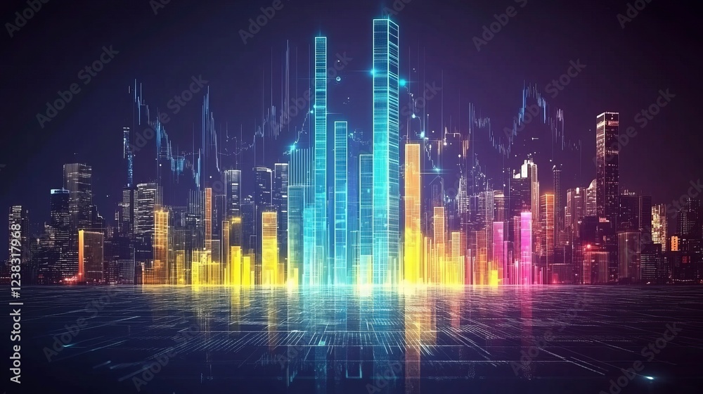 Futuristic Cityscape, Financial Data Visualization With Glowing Charts And Graphs, Dark Background Futuristic Cityscape, Financial Data Visualization With Glowing Charts And Graphs, Dark Background
