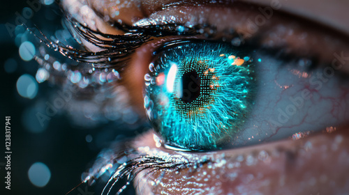 A head-on shot highlighting the pupilâ€™s dark center and neon-like circuitry in the swirling blue tones of the iris, symbolizing advanced AI, photo