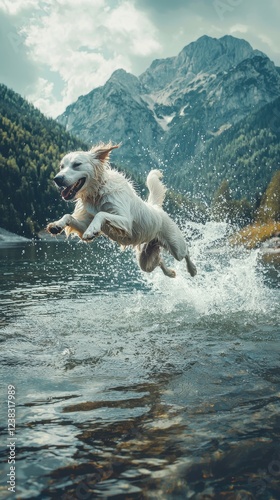 Dog leaping into a body of water splashing with excitement and joy during a sunny day in nature © Kittichet