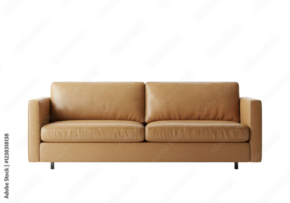 A modern tan leather sofa with clean lines and a minimalist design, isolated on a white background A modern tan leather sofa with clean lines and a minimalist design, isolated on a white background