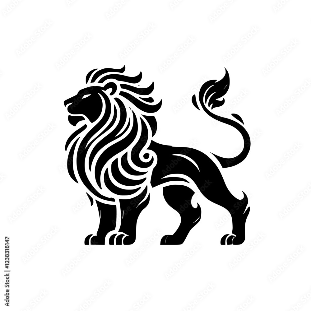 Fototapeta premium Majestic Lion: A Black and White Ornate Vector Graphic. This regal symbol of strength and power is perfect for decor, tattoos, or branding. Download this elegant design today!