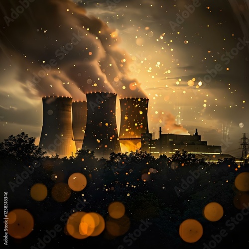 A dramatic view of nuclear power plants emitting steam against a dark sky, illuminated by soft glowing lights, creating an atmospheric effect. photo