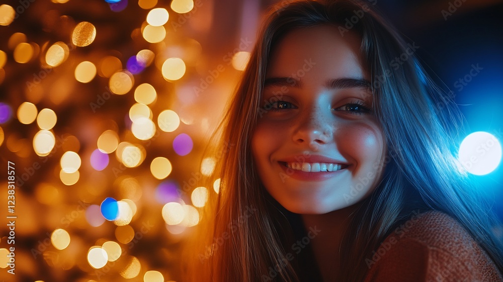 Smiling Girl Portrait with Christmas Lights Background