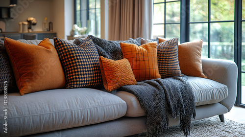 A cozy couch with a yellow blanket and three blue pillows. The pillows are arranged in a way that creates a comfortable and inviting atmosphere