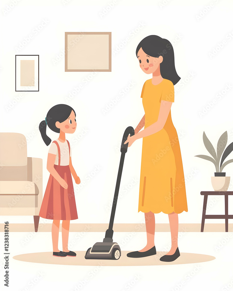 Mom and Daughter Clean Home Together Cheerfully Mom and Daughter Clean Home Together Cheerfully