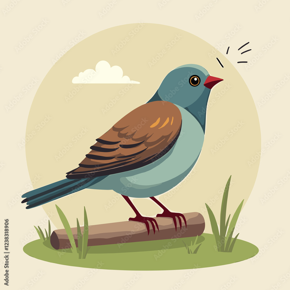 Fototapeta premium Singing bird perched on branch with grass background