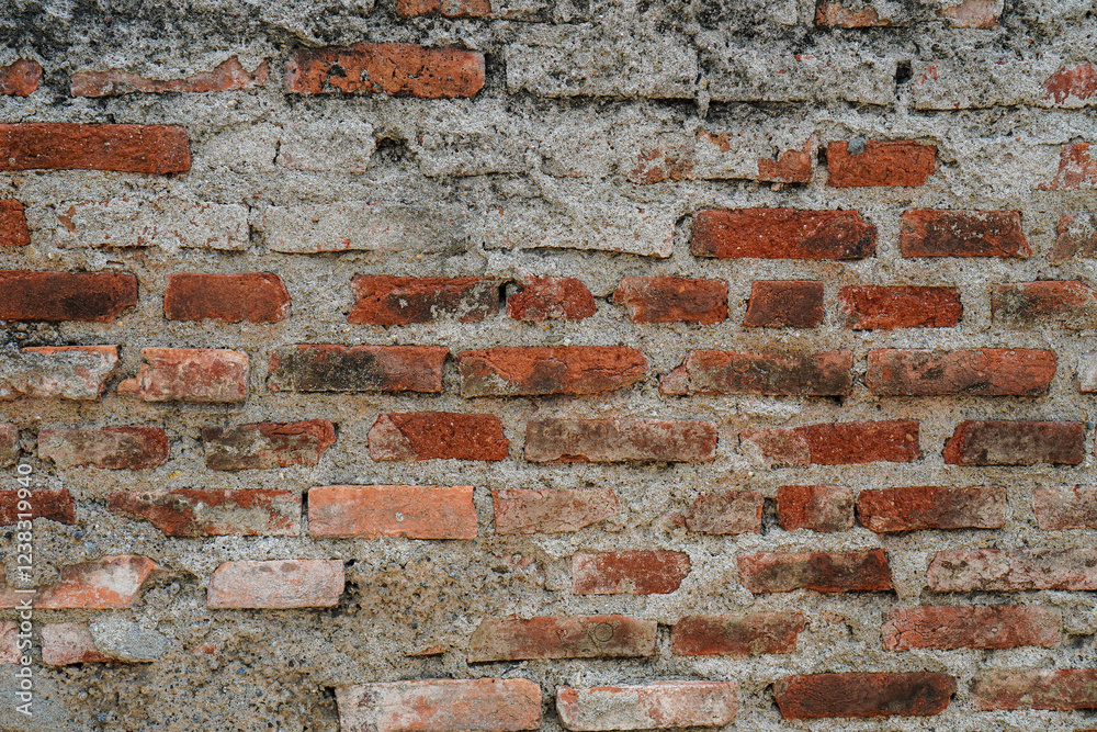 Fototapeta premium A close-up of an aged brick wall, showing its rich texture and history. Ancient Brick Wall Texture: Awe-Inspiring Rustic sharp detail Background
