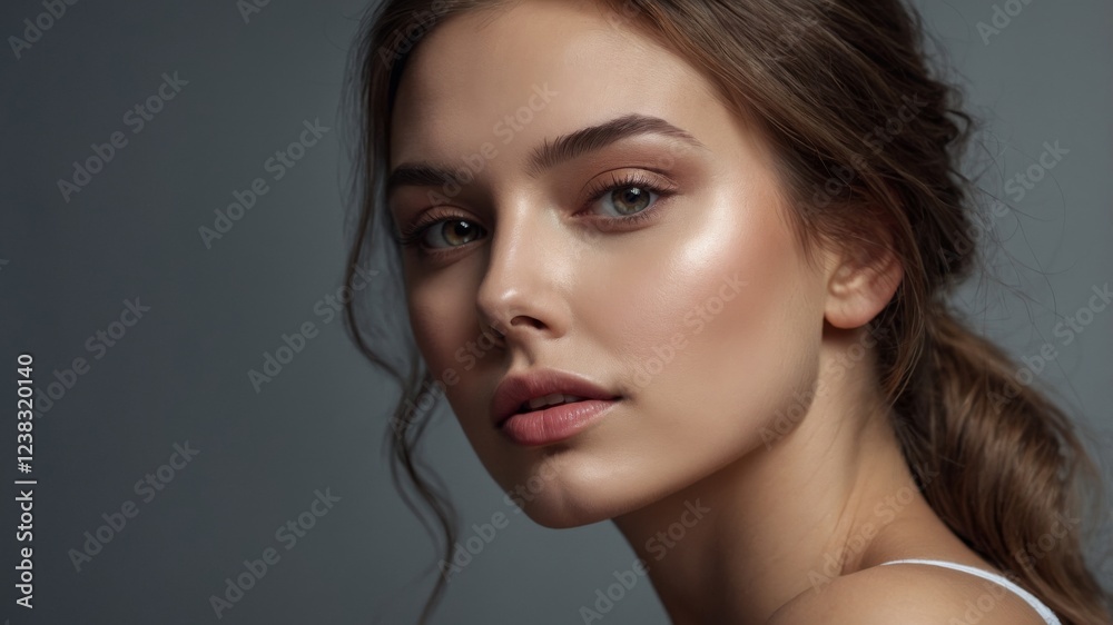 Beautiful model poses gracefully against a soft blue background showcasing natural beauty and elegant makeup Beautiful model poses gracefully against a soft blue background showcasing natural beauty and elegant makeup