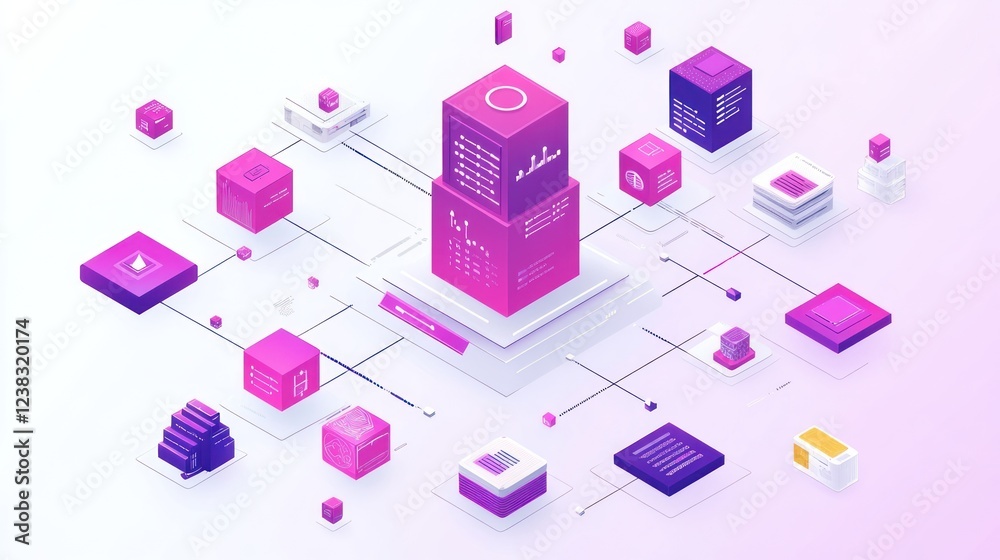 Data network processing, isometric illustration, cloud computing, background blurred Data network processing, isometric illustration, cloud computing, background blurred