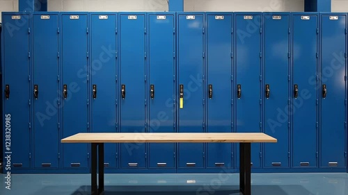 Blue metal storage lockers with an accompanying wooden bench are situated in a locker area