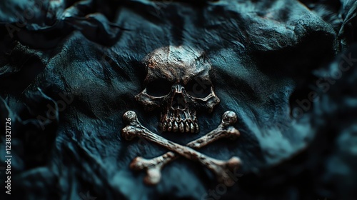 A detailed close-up of a skull and crossbones symbol on textured dark fabric, evoking themes of danger and piracy. photo