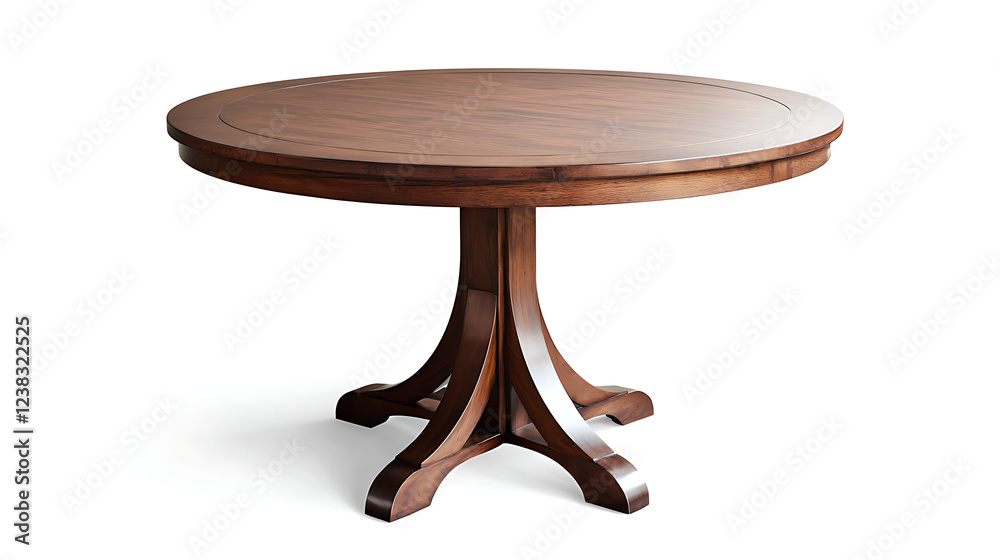 A wooden table with a round top and a wooden base A wooden table with a round top and a wooden base
