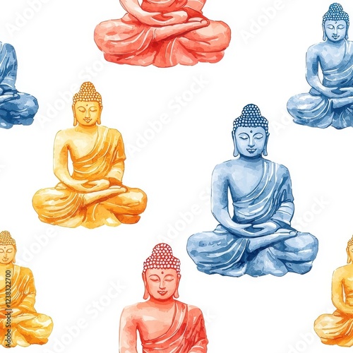 Watercolor style seamless pattern of Buddha imagery, isolate on a white background, showcasing artistic fluidity and vibrant tones.