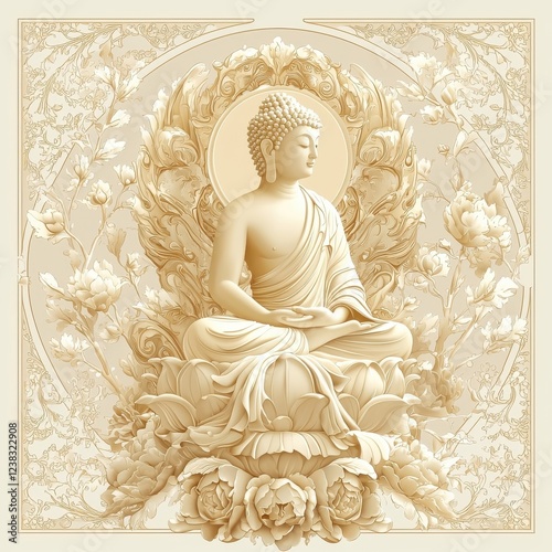 Art Nouveau style depiction of a Buddha, isolate on a white background, incorporating elegant curves and floral elements.