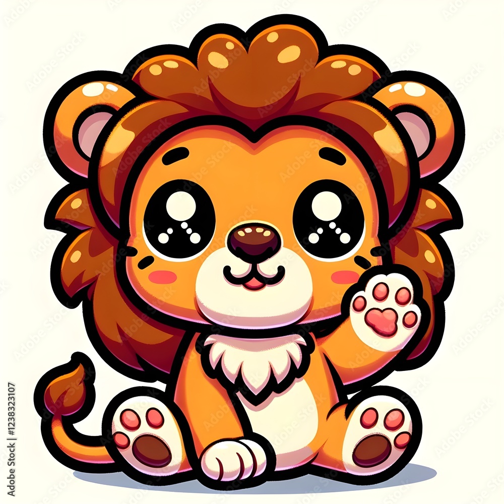Obraz premium Chibi Style Lion Cub With Big Eyes And Waving Paw, Sitting With Orange