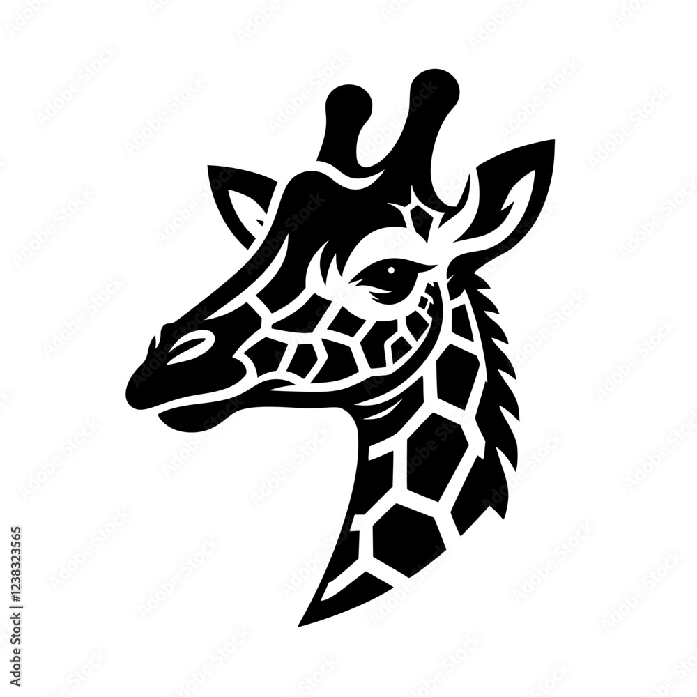 Obraz premium Majestic Giraffe Head: Elegant Black and White Vector Portrait of African Wildlife