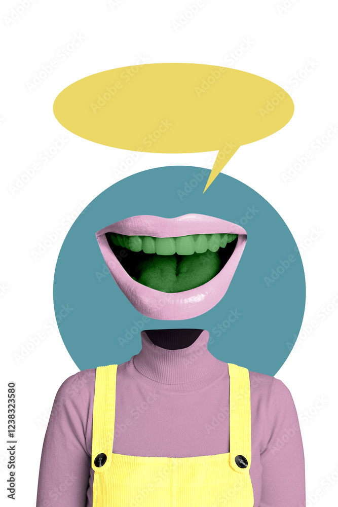 Fototapeta premium Trend artwork composite sketch image collage of surreal caricature picture headless person lady mouth lips instead talk say speech cloud