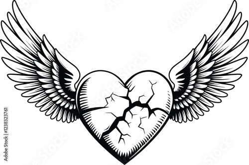 A Vector Design of Broken Heart with Wings A Symbol of Breakup for Couple, Boyfriend and Girlfriend, heart with wings