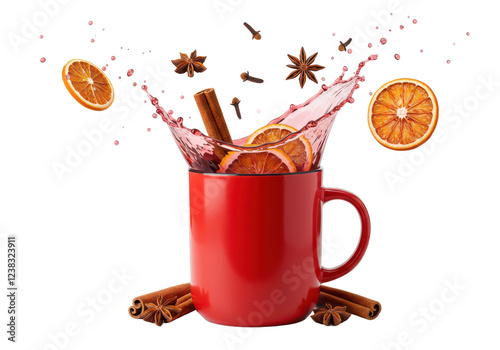 A red mug with mulled wine splashing and ingredients like dried oranges, cinnamon sticks, and cloves in mid-air, isolated on white background photo