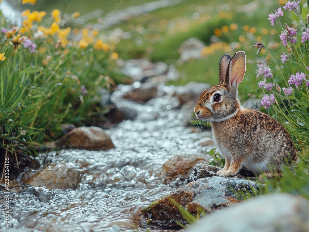 Fototapeta premium Rabbit sitting in a stream of water surrounded by lush greenery and natural habitat