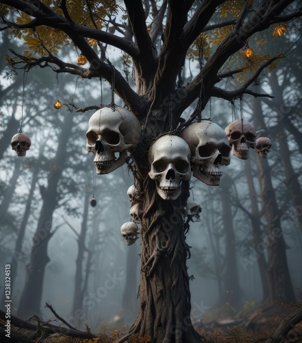 Skulls suspended from twisted, nightmarish tree branches amidst a dark and foreboding forest, ghostly grasp, specter woods