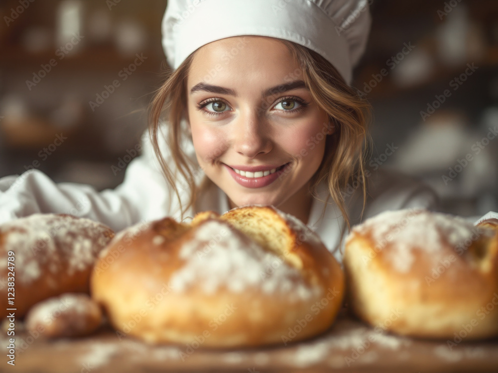 Beautiful girl bakery with fresh bread in a bakery Beautiful girl bakery with fresh bread in a bakery