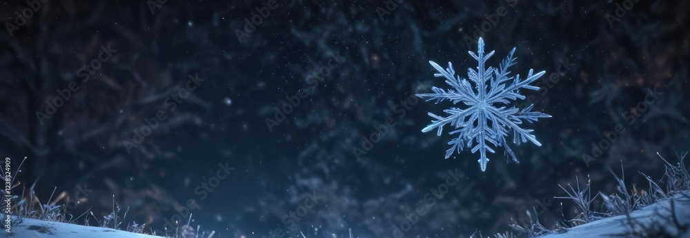 Fototapeta premium Snowflakes gently falling on a dark blue night sky , whispers , celebrations