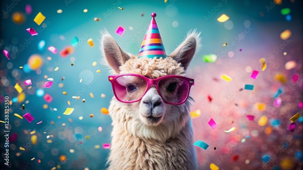 Adorable Alpaca Birthday Bash with Pink Party Hat and Sunglasses Amidst Festive Confetti Adorable Alpaca Birthday Bash with Pink Party Hat and Sunglasses Amidst Festive Confetti