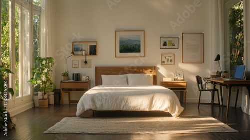 Sunlit bedroom with king bed, work desk, and plants photo