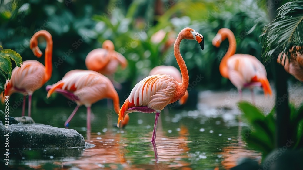 A serene nature shot of flamingos resting on one leg in a peaceful wildlife sanctuary. A serene nature shot of flamingos resting on one leg in a peaceful wildlife sanctuary.