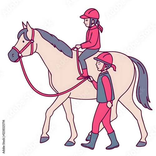 Cartoon illustration, horseback riding lesson, child on horse, instructor walking beside, pink and red outfits, beige horse, simple background, flat colors, minimalist style, children's book illustrat