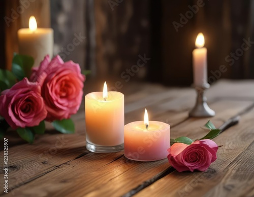 Softly lit rose and candle on a reclaimed wood surface with a blurred background , rose, warm ambiance