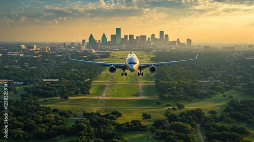 Approaching Dallas Fort Worth Airport on a sunny summer morning, a panoramic view from above reveals a bustling metropolis surrounded by lush greenery and gleaming skyscrapers photo