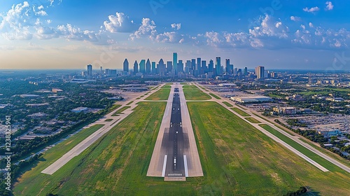 Approaching Dallas Fort Worth Airport on a sunny summer morning, a panoramic view from above reveals a bustling metropolis surrounded by lush greenery and gleaming skyscrapers