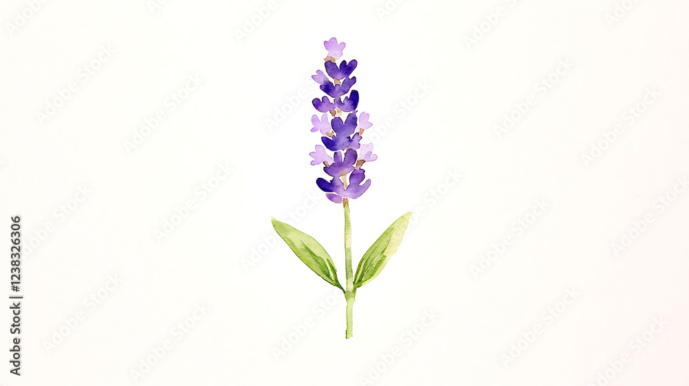 Naklejka premium A purple flower with green leaves is drawn in watercolor