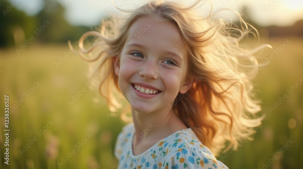 Smiling face as she spins in a meadow