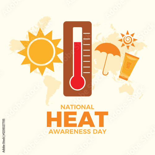 National Heat Awareness Day poster vector illustration. Red warning high temperature thermometer, sun, sunscreen, parasol icon set vector. Template for background, banner, card. Important day