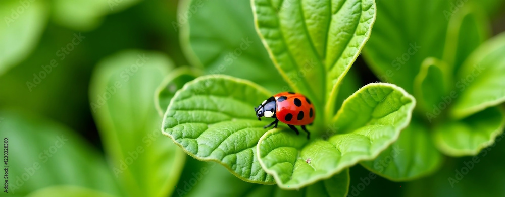 A ladybug on lush green basil leaves symbolizes natural pest control in organic gardening. A ladybug on lush green basil leaves symbolizes natural pest control in organic gardening.