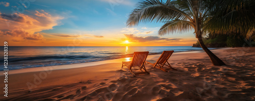 Relaxing beach sunset with lounge chairs and palm tree, ideal for vacation imagery. photo