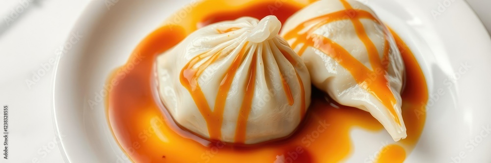 Steamed dumpling on a white plate with sauce drizzled on top, steamed dumplings, crunchy outside Steamed dumpling on a white plate with sauce drizzled on top, steamed dumplings, crunchy outside