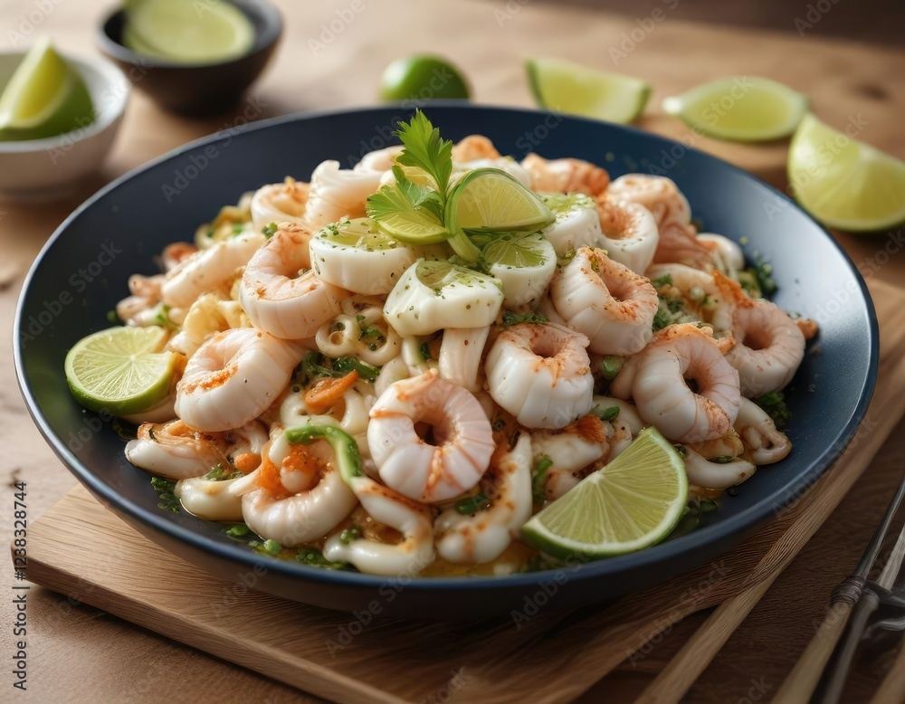 Steamed squid with a zesty lime sauce and BBQ flavors, Zesty Lime Sauce, Fresh Citrus Steamed squid with a zesty lime sauce and BBQ flavors, Zesty Lime Sauce, Fresh Citrus