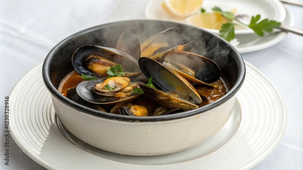 Steaming bowl of canned Galician mussels on a white plate, kitchen staples, spanish cuisine, seafood, canned food Steaming bowl of canned Galician mussels on a white plate, kitchen staples, spanish cuisine, seafood, canned food